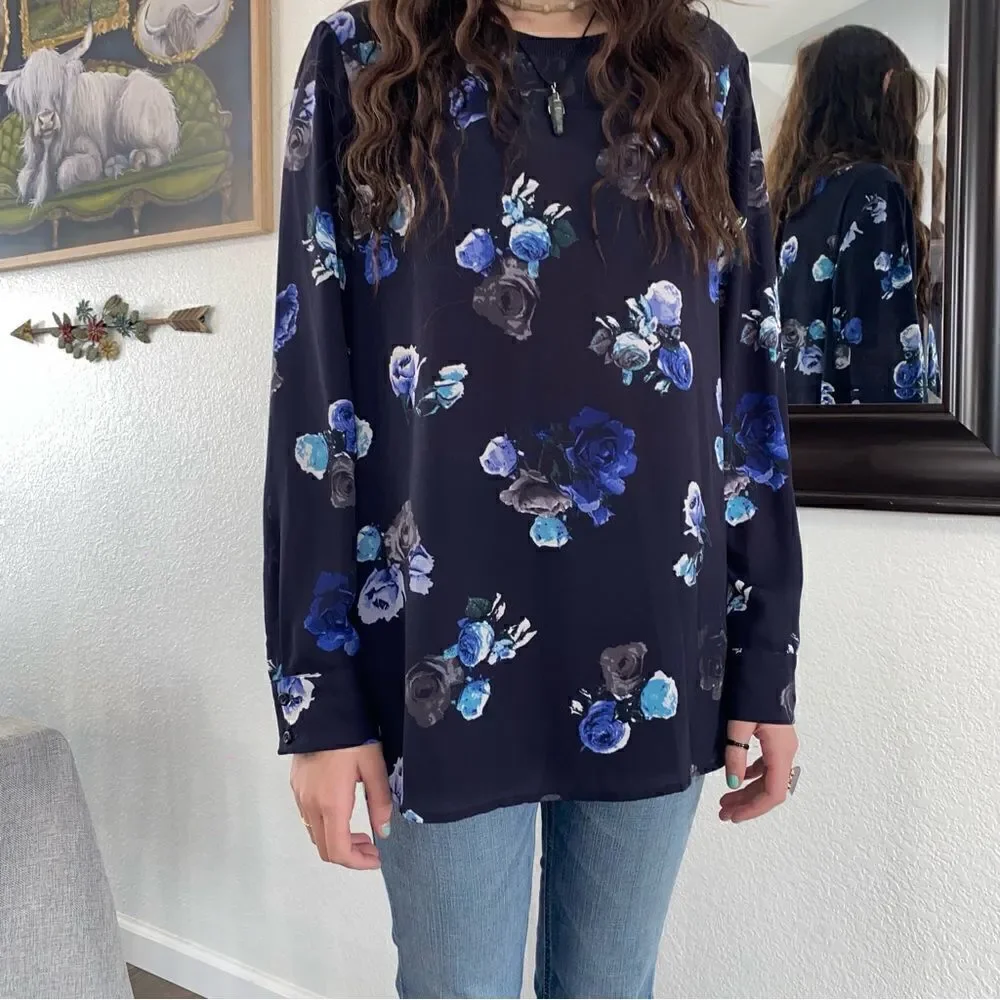 Thakoon Floral Print Round Neck Long Sleeve Pullover Sweatshirt Blue Combo Large - Picture 1 of 9